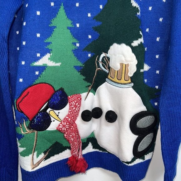 Jolly Sweaters Mens Ugly Christmas Drunk Drinking Snowman Beer Size M Blue - Picture 2 of 5